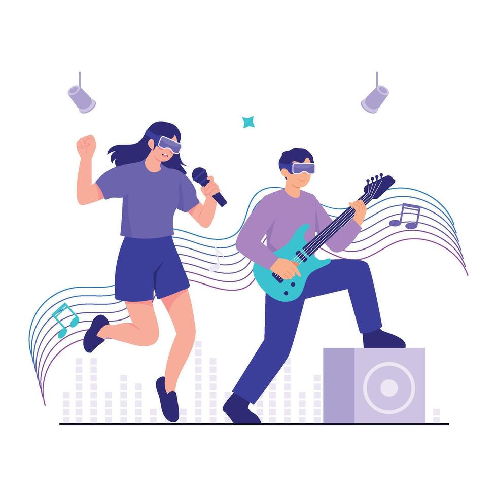 Two characters perform music in a virtual concert using VR headsets, surrounded by vibrant sound waves and stage lights. vector