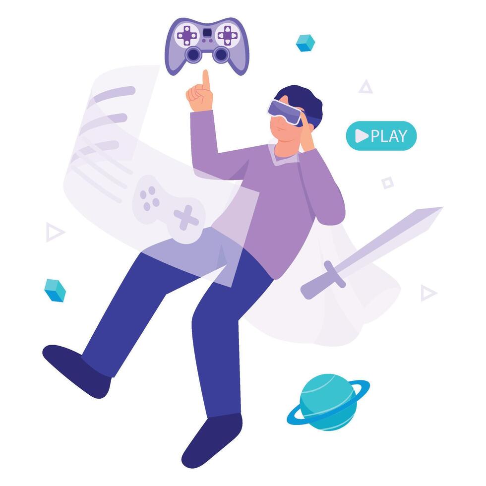 A boy interacts with a floating game controller while immersed in a digital fantasy gaming world. vector