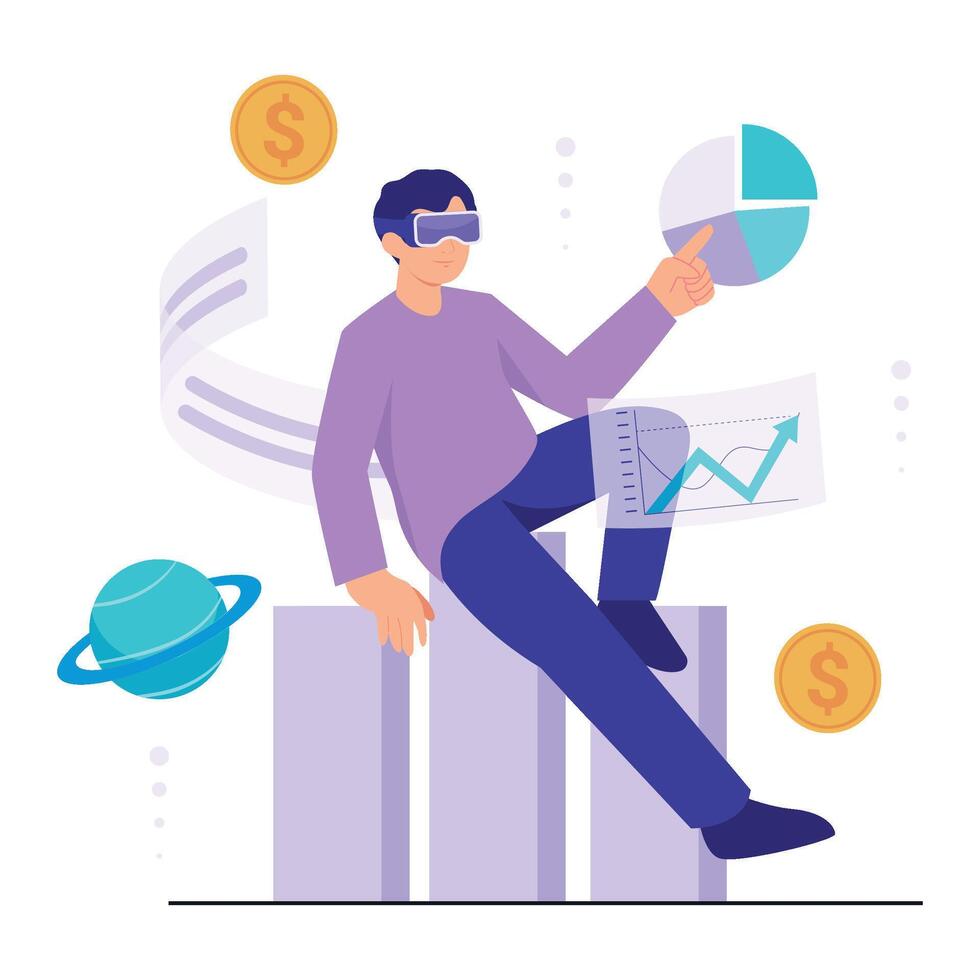 A man analyzes virtual finance data using augmented tools in the metaverse environment. vector