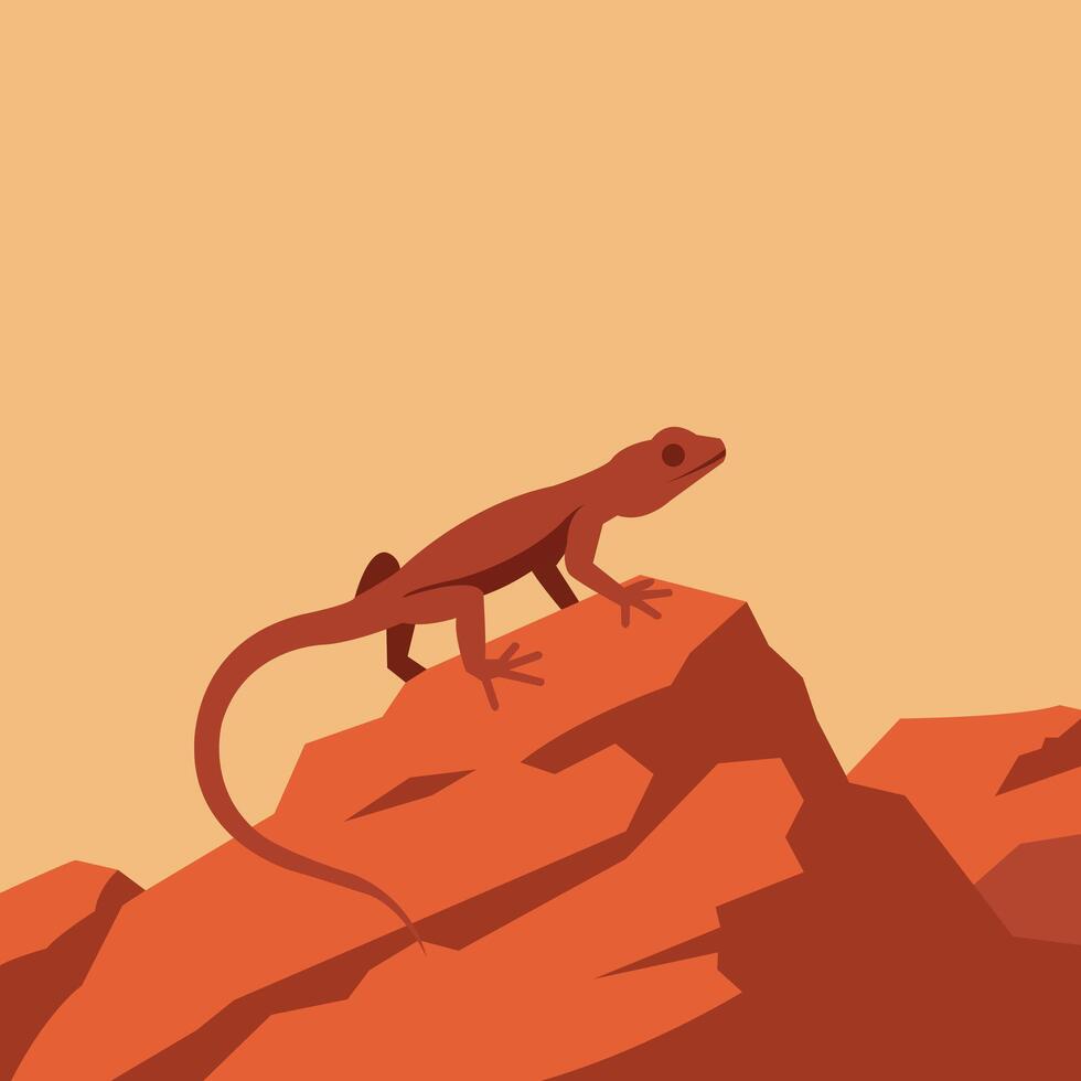 illustration of a desert lizard perched on a red rocky cliff under a warm sky. A natural and dramatic desert wildlife scene, ideal for nature or wilderness themes. vector