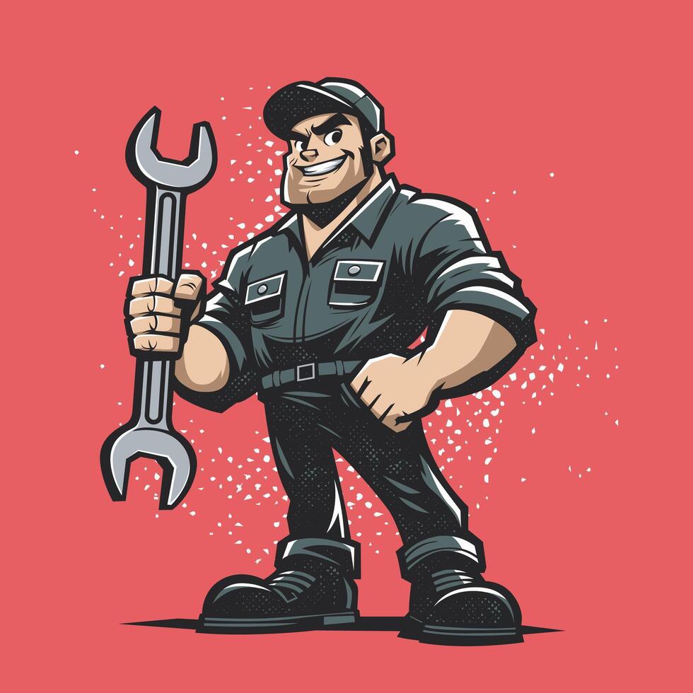 Mechanic With Wrench In A Bold, Stylized Illustration, Ready For Service vector