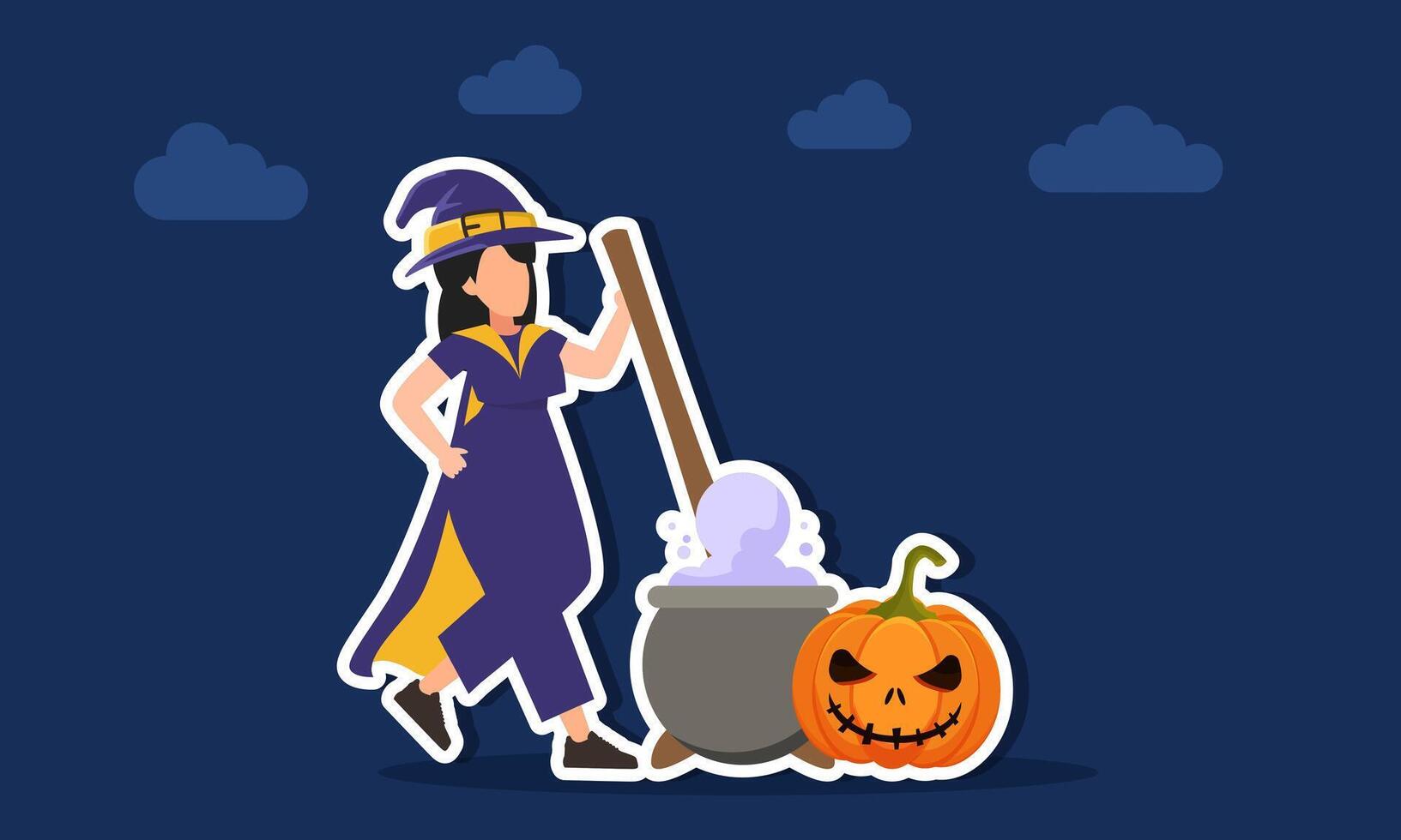 Witch brewing potion in a large cauldron beside a spooky pumpkin wearing a wizard hat illustration of appreciation for halloween day celebration vector