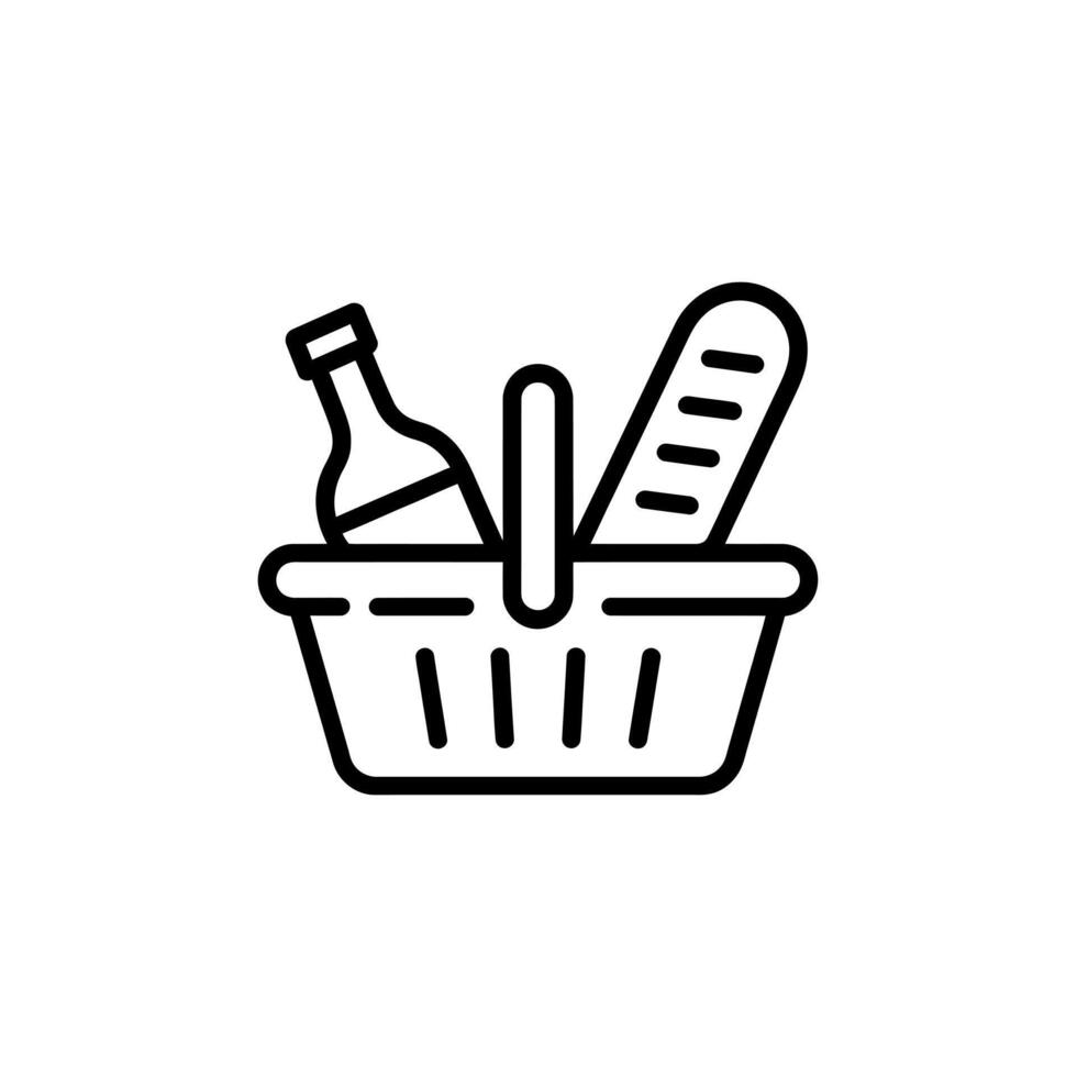 Simple black and white icon of a picnic basket with a bottle and baguette vector