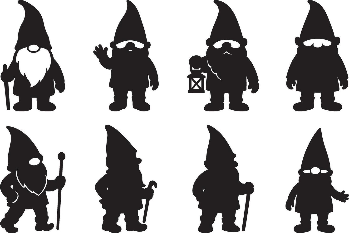 Funny gnome characters set in flat black style bundle Silhouette illustration design vector