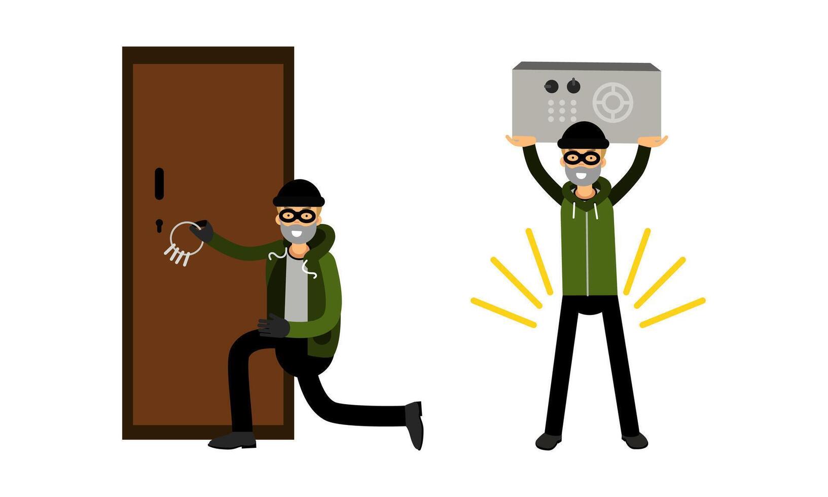 Masked thief committing robbery and breaking into house set. Criminal characters stealing money illustration vector