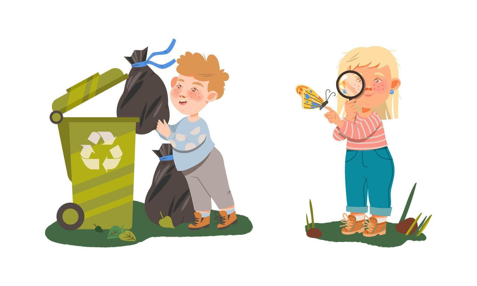 Kids gathering plastic bottles for recycling and looking at butterfly through magnifying glass. Nature and ecology protection cartoon illustration vector