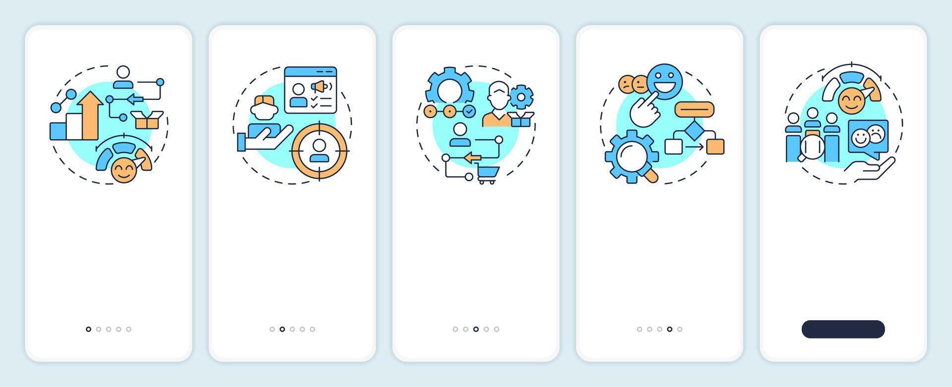 Gap analysis tools onboarding mobile app screen. Performance improvement. Walkthrough 5 steps editable graphic instructions with linear concepts. UI, UX, GUI vector