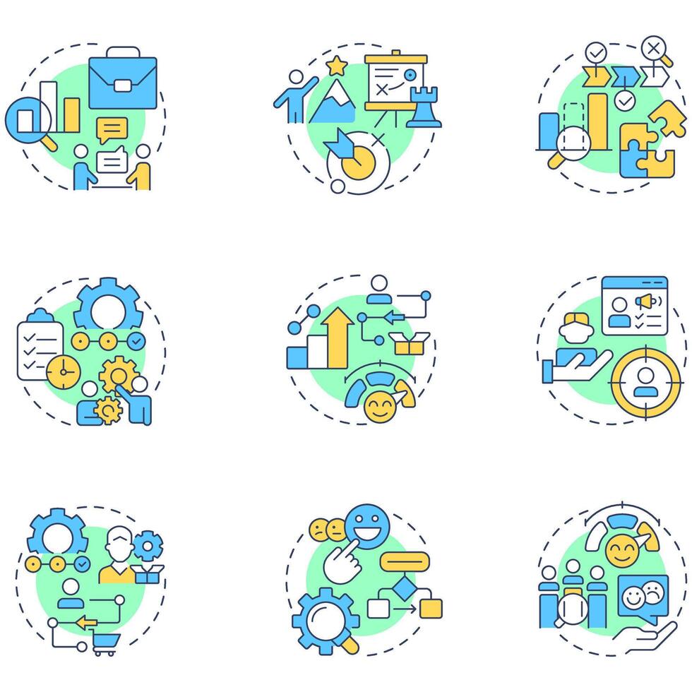 Gap analysis multi color concept icons. Difference between current and desired performance. Organization change. Icon pack. Round shape illustrations for presentation. Abstract idea vector