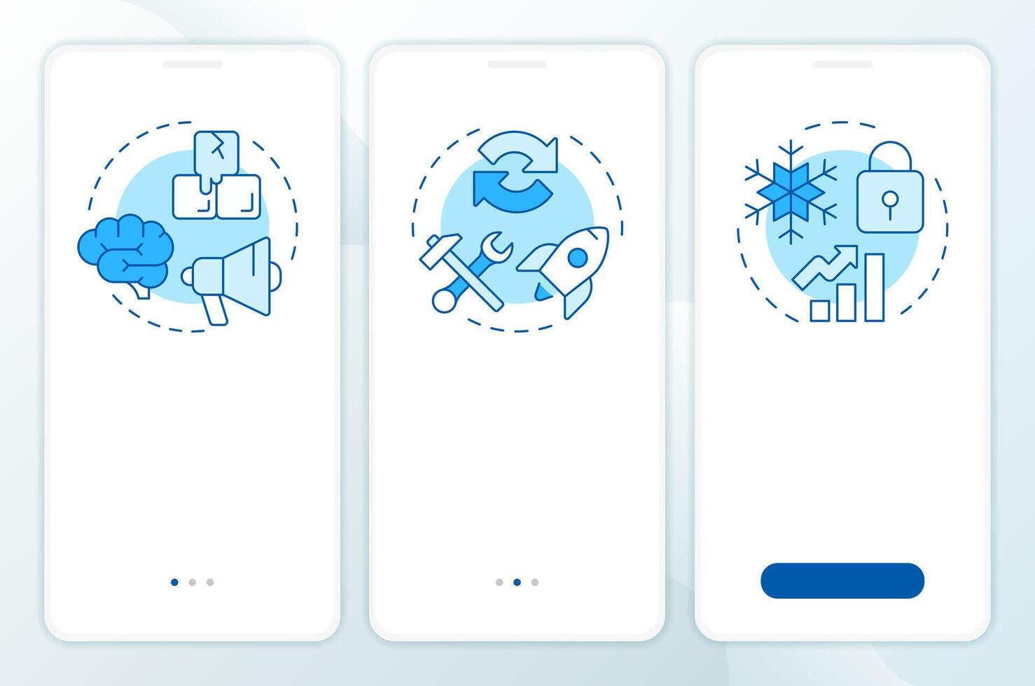 Lewin change management model blue onboarding mobile app screen. Business. Walkthrough 3 steps editable graphic instructions with linear concepts. UI, UX, GUI vector