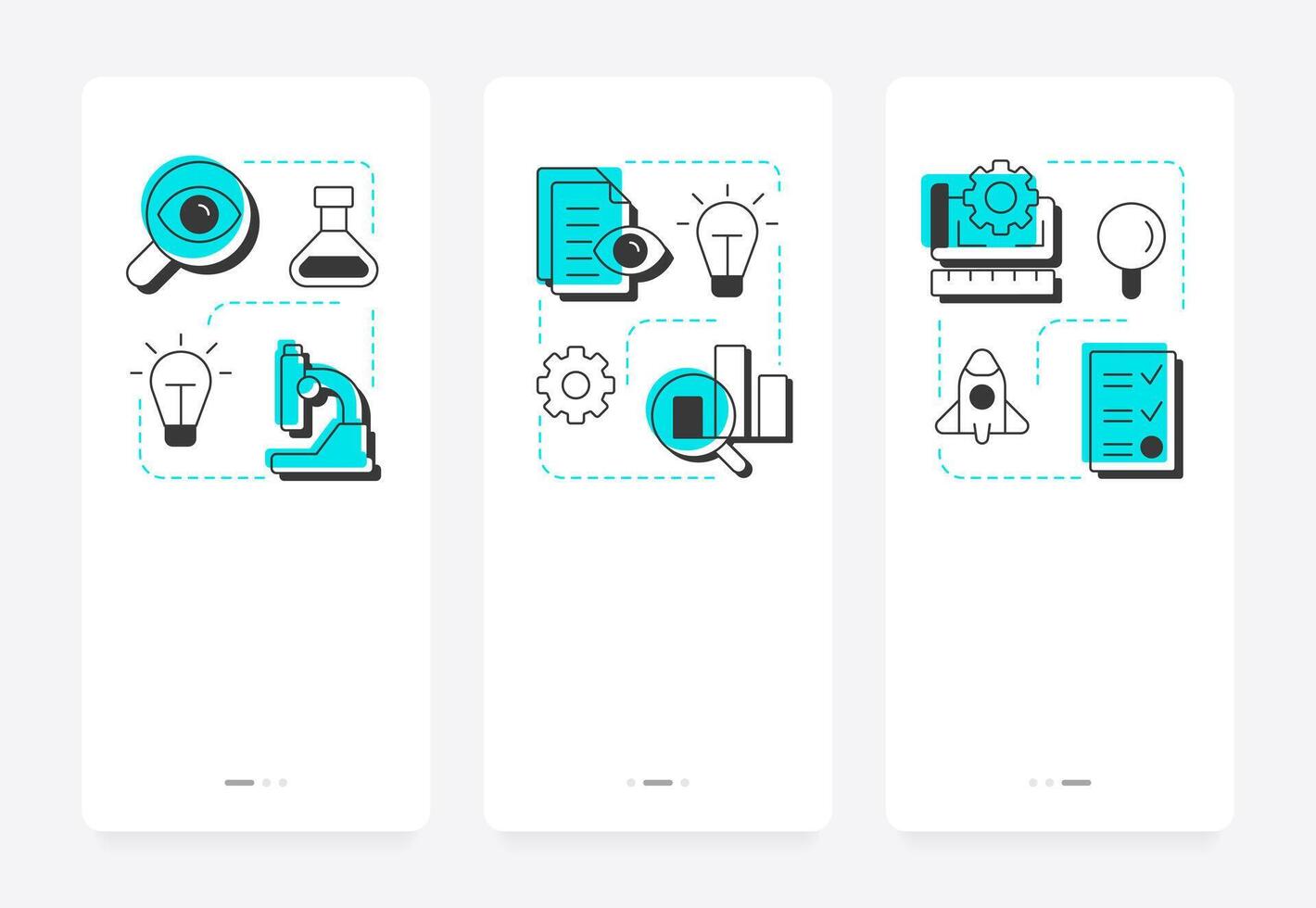 Types of research and development mobile app onboarding screens. Organization management. Innovation planning. Flat UI UX design, blue highlight with outline icons conceptual vector