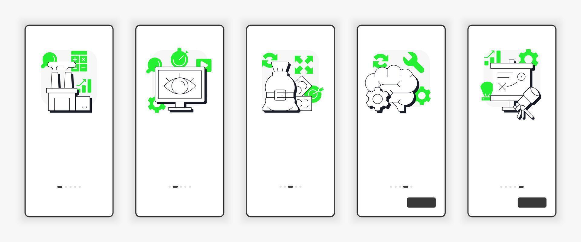 Steps in capacity management processes mobile onboarding screen. Organization development UX UI illustration. Flat outline style icons with green accent vector