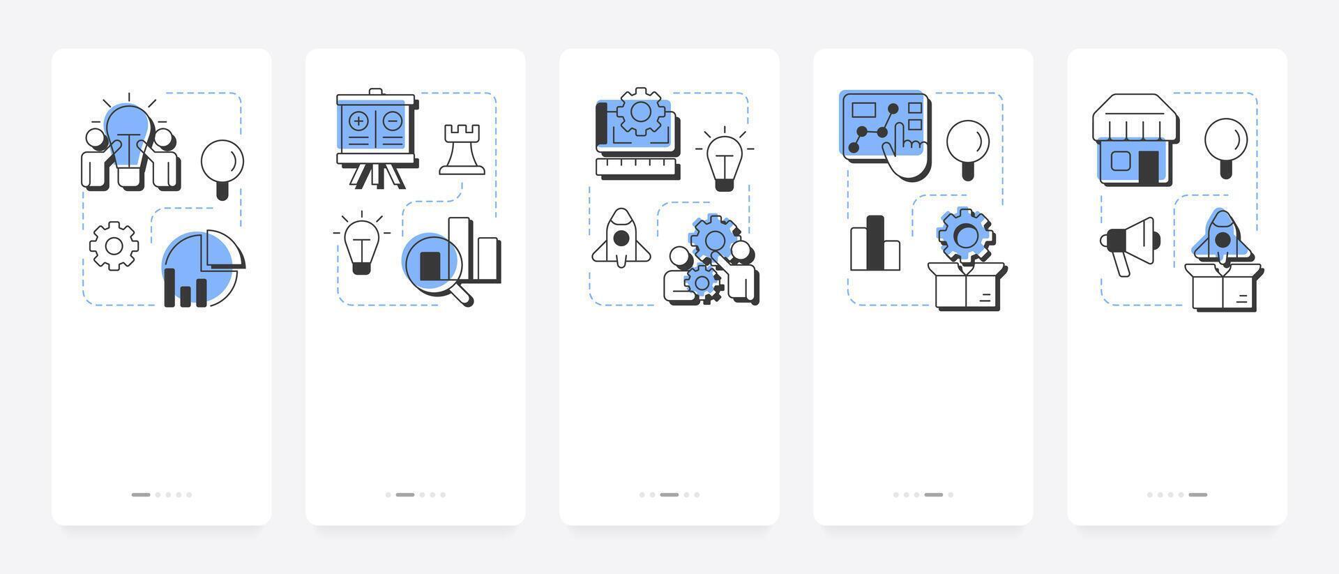 Innovation funnel mobile app onboarding screens. Marketing researching. Business development management. Flat UI UX design, blue highlight with outline icons conceptual vector