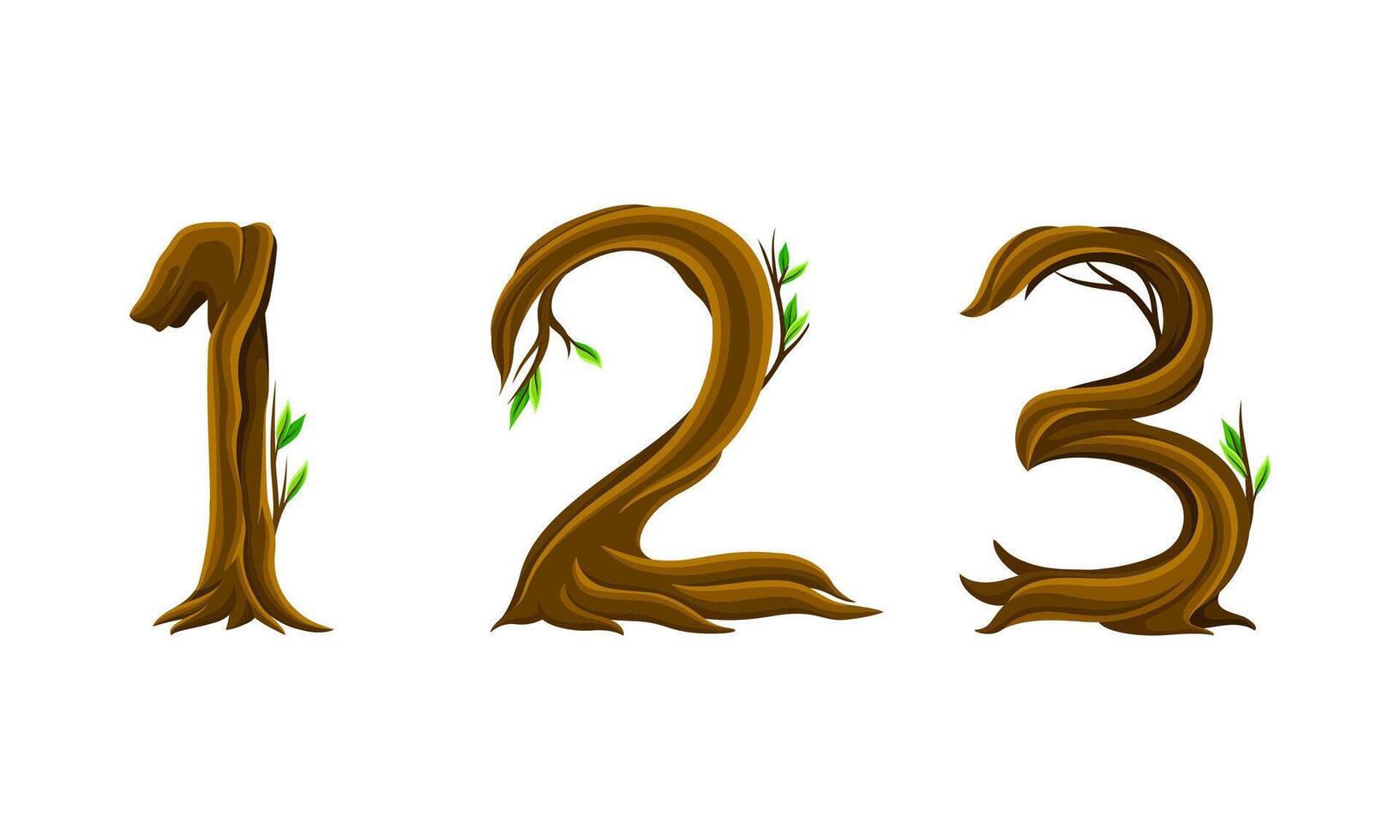 1,2,3 numbers made of branches and leaves. Eco organic typography font illustration vector