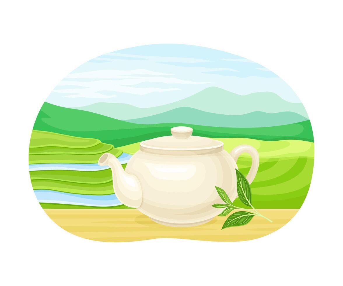 Teapot with green leaves and hills vector