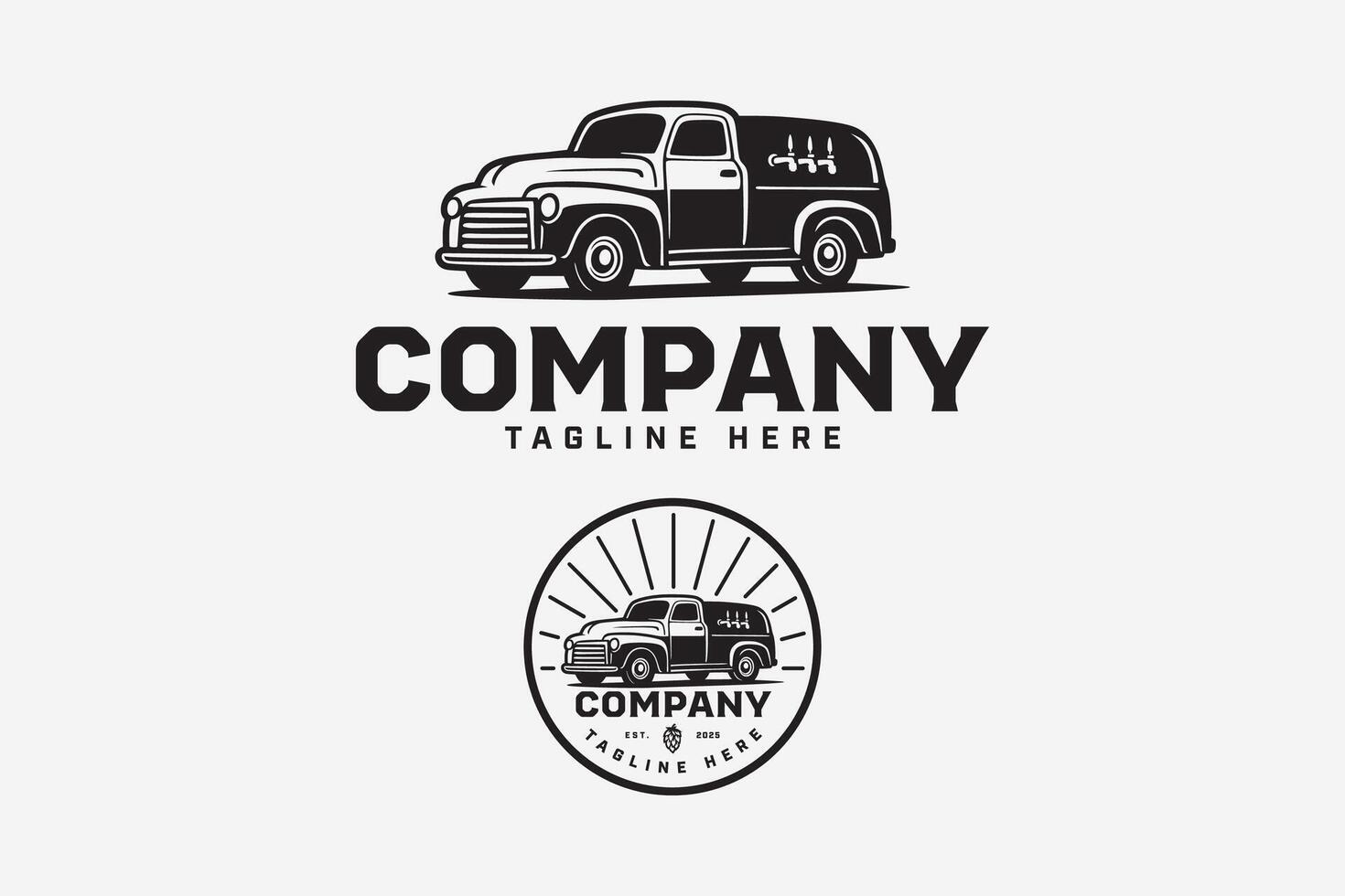 Delivery panel truck retro badge logo design set for brewery, beer, workshop, cafes, bar. Beer delivery van illustration emblem bundle. Brewery truck vehicle patch design collection. vector