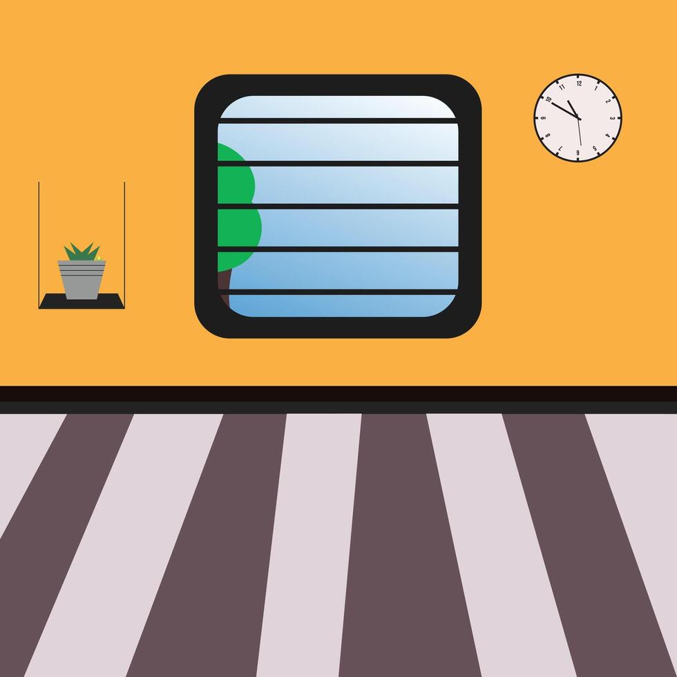 Home interior modern creative space with open window, window landscapes in flat cartoon style. vector