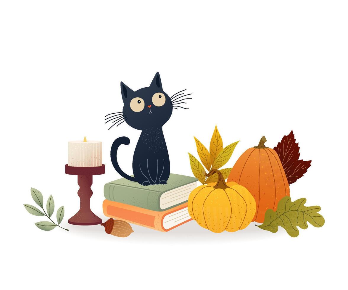 Black cat with pumpkins and books vector