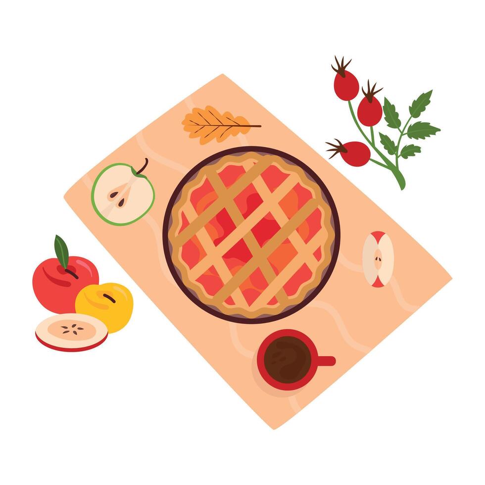 Homemade apple pie on serving napkin. autumn pie with apples and cinnamon vector