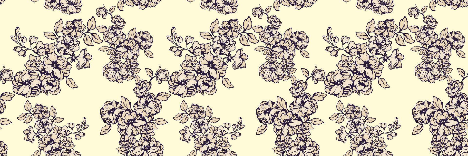 Seamless floral pattern featuring delicate flower clusters with fine details on a light yellow background. Perfect for textile design, fashion prints, wallpapers, and elegant decor projects. vector