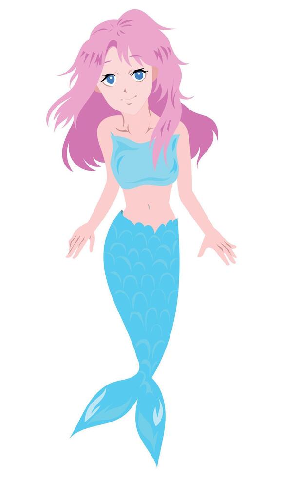 Beautiful mermaid with pink hair, blue eyes, blue shirt, and blue fish tail colorful illustration isolated on vertical white background. vector