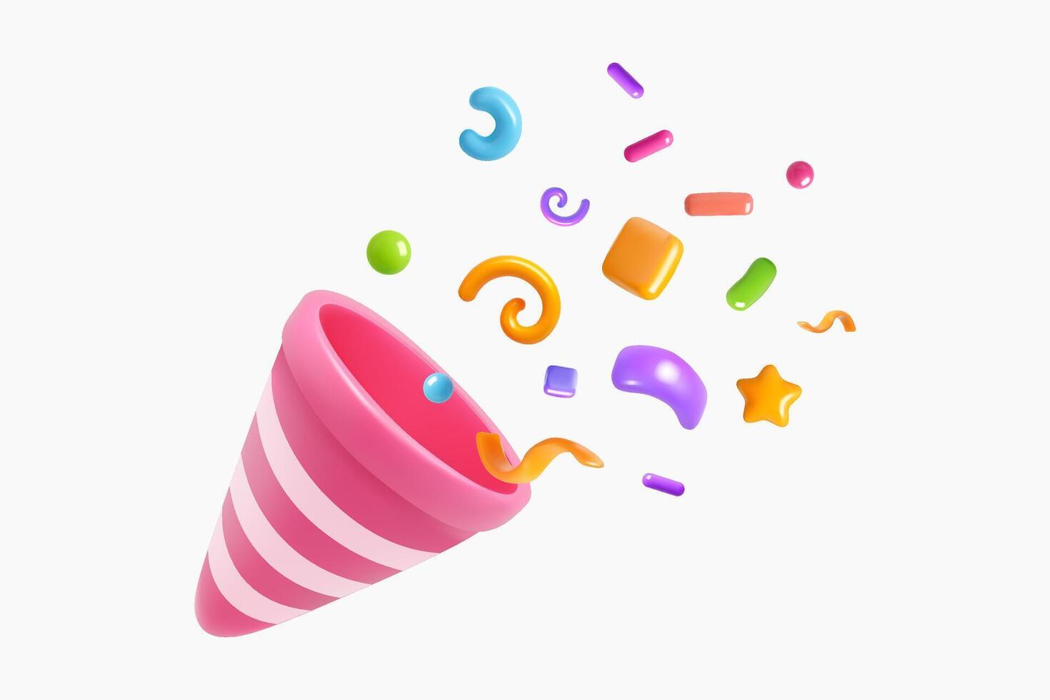 Pink 3D party popper exploding with fun colorful confetti vector