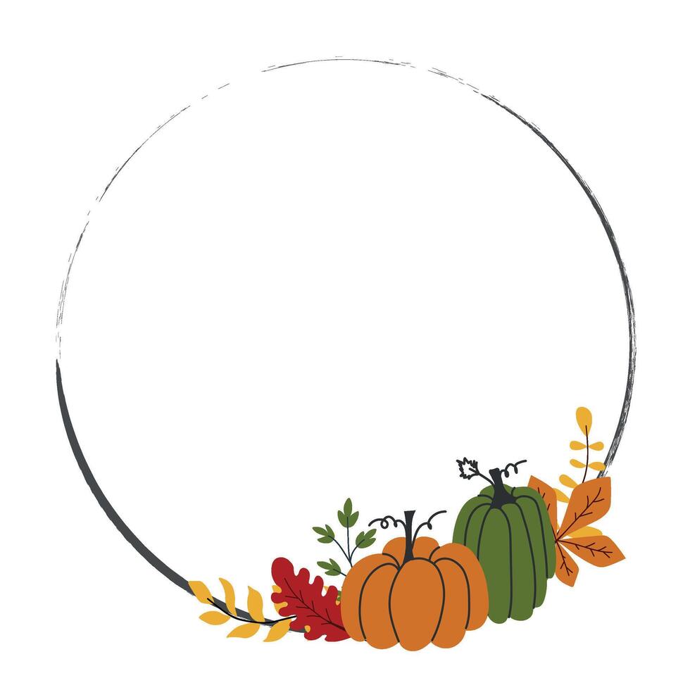 Autumn round frame with green and orange pumpkins, fall leaves, and branches, ideal for Thanksgiving invitations, seasonal greeting cards, and festive compositions. vector