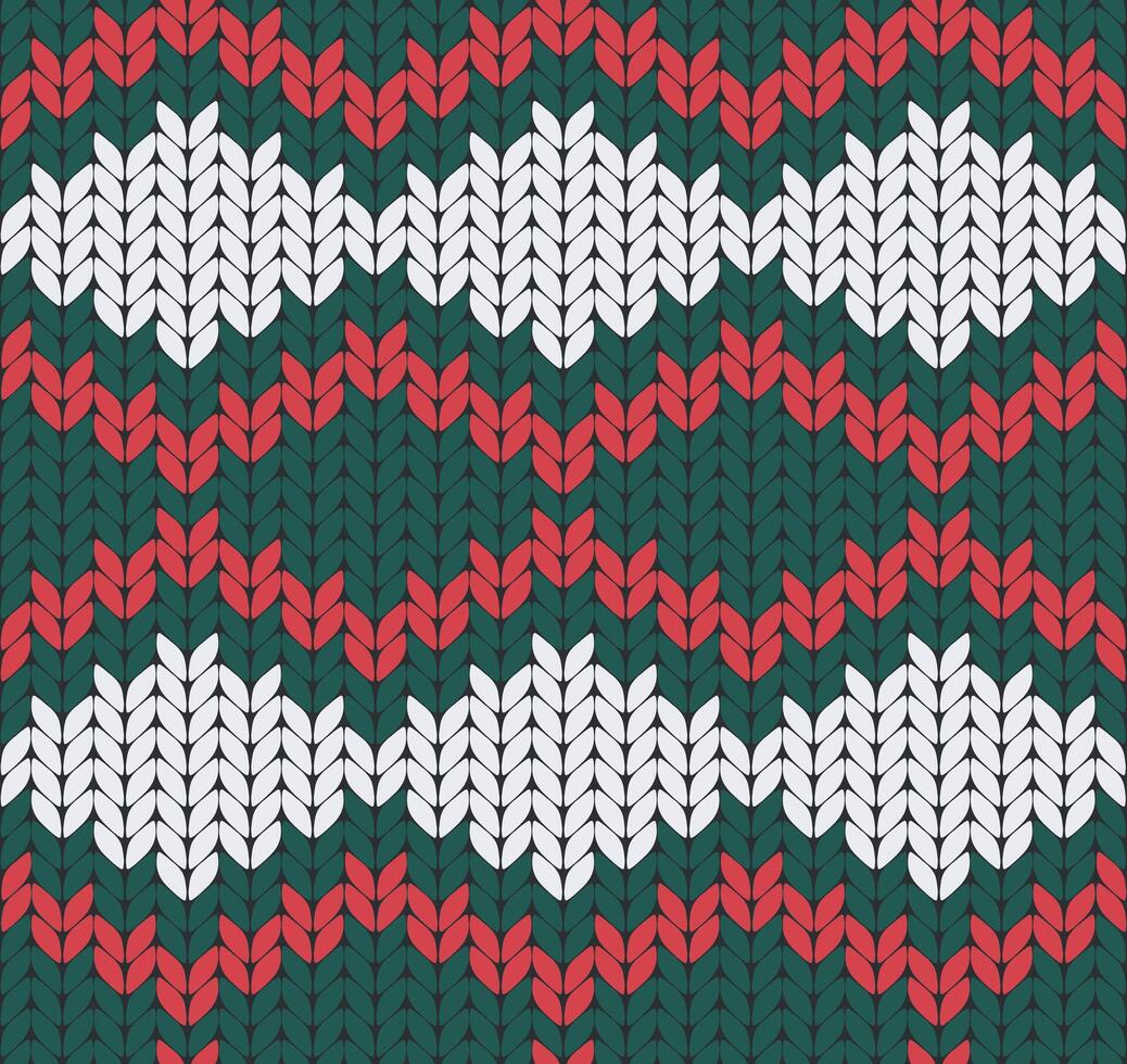 Seamless Christmas knit pattern with red, green, and white geometric shapes, ideal for festive textile designs, holiday sweaters, and winter-themed backgrounds. vector