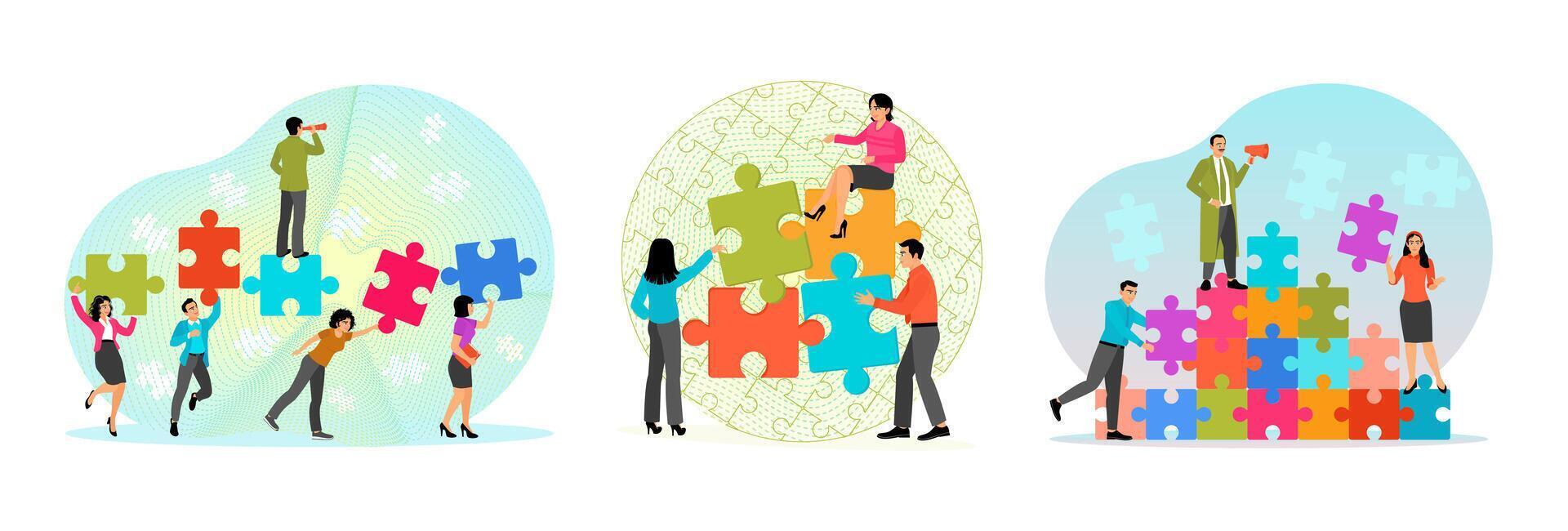 People assembling colorful puzzle pieces vector