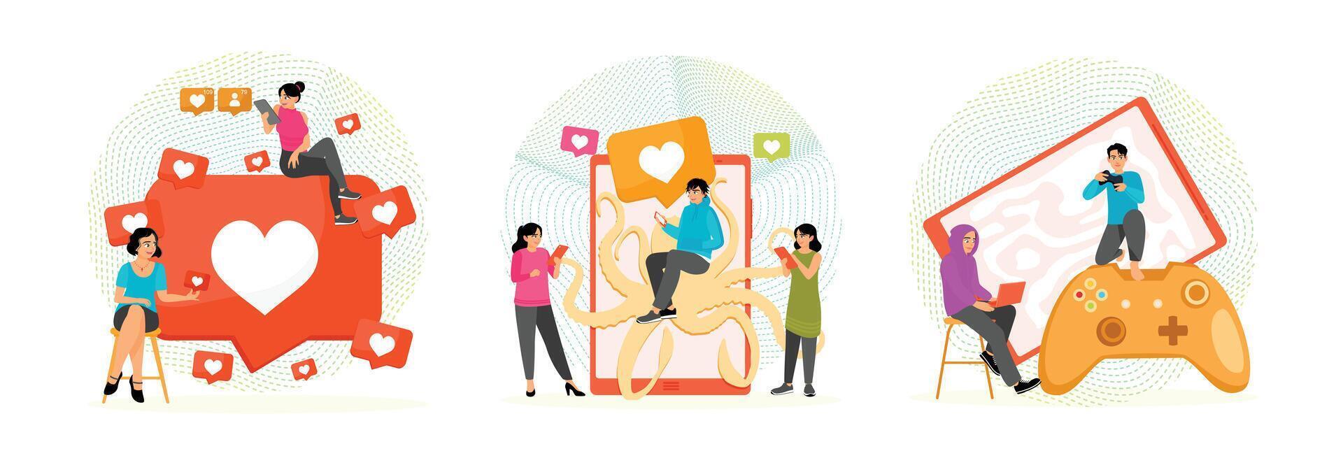 People interacting with social media and gaming vector