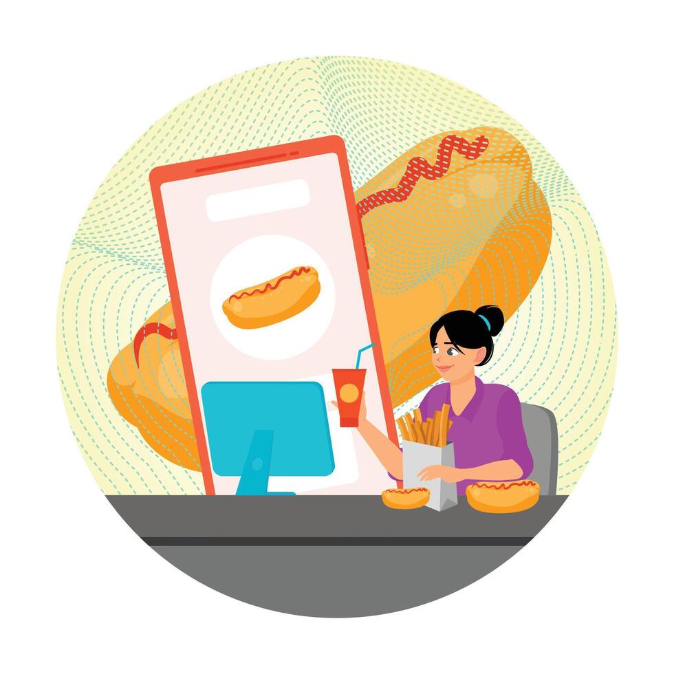 Woman ordering fast food online vector