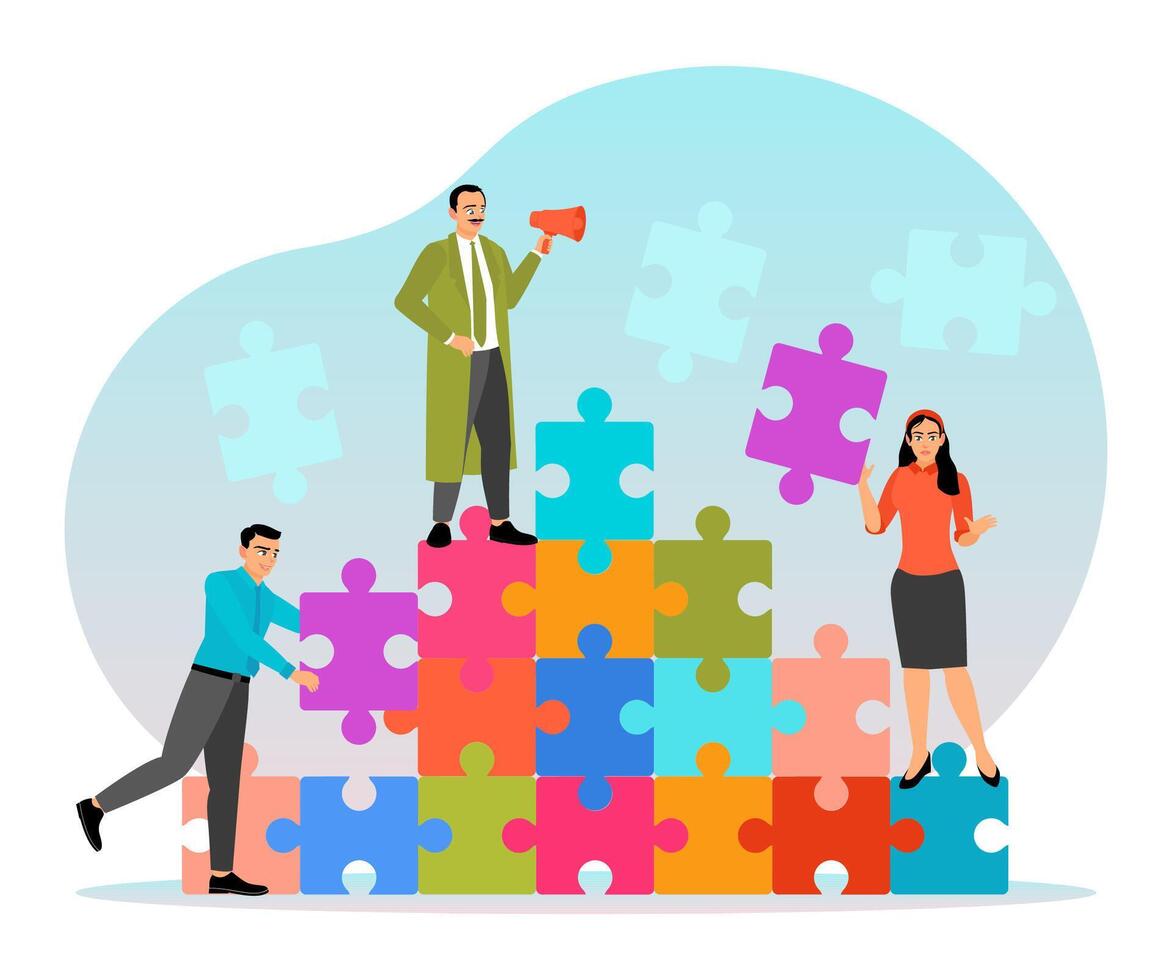 Three people building a colorful puzzle vector
