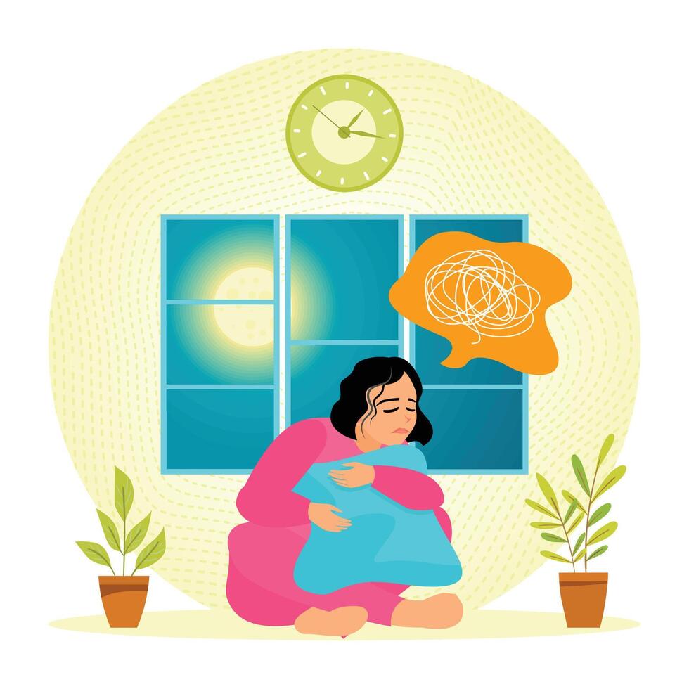 Woman hugging pillow showing stress and anxiety vector