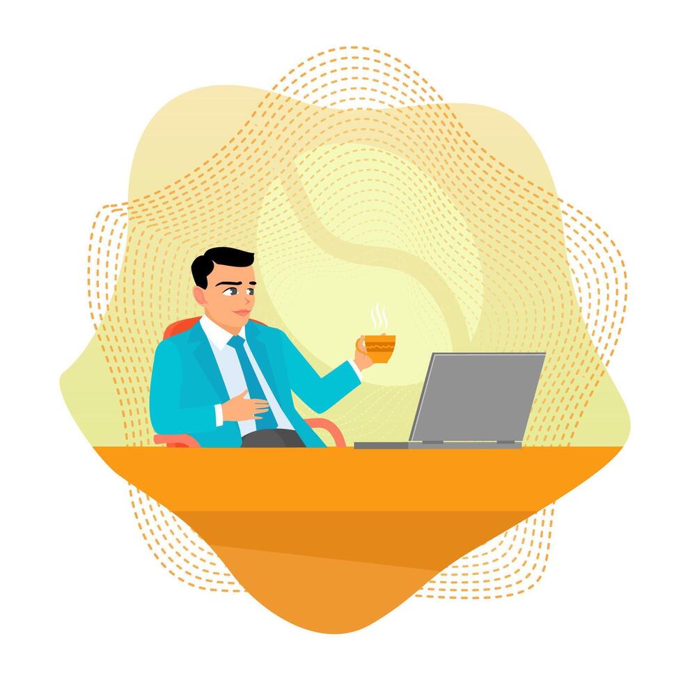 Man enjoying coffee at his desk vector