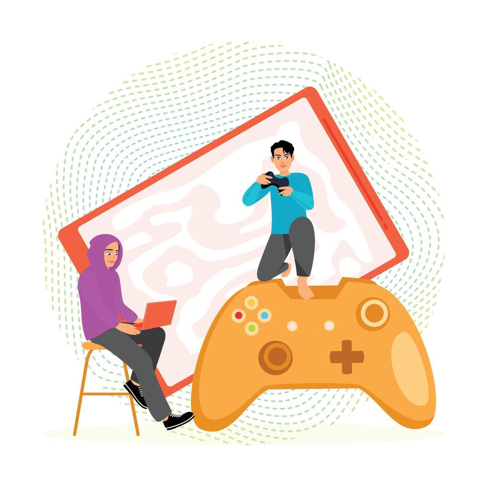 Two gamers enjoying video gaming together vector