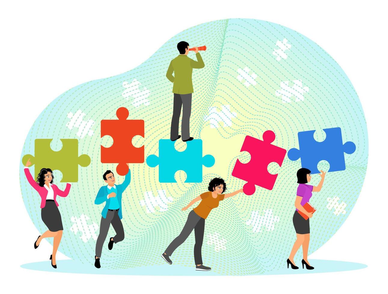 Team assembling puzzle pieces together vector