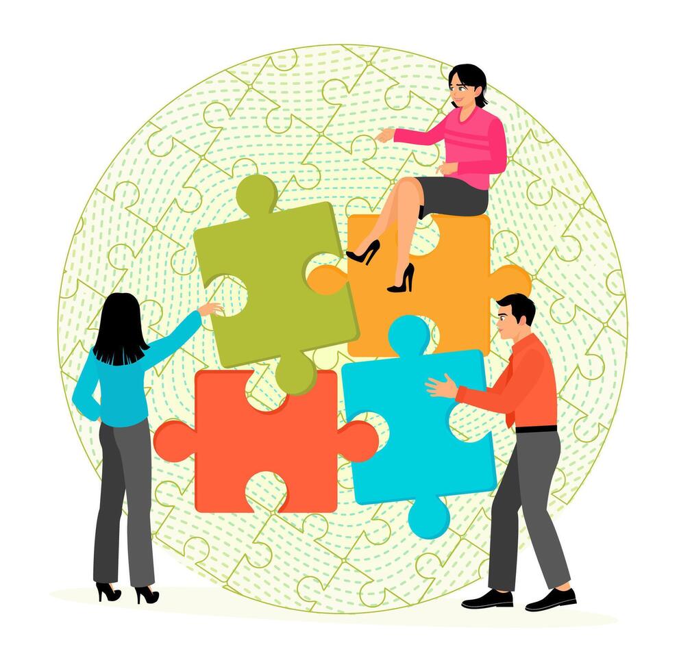 Team collaborating with puzzle pieces vector