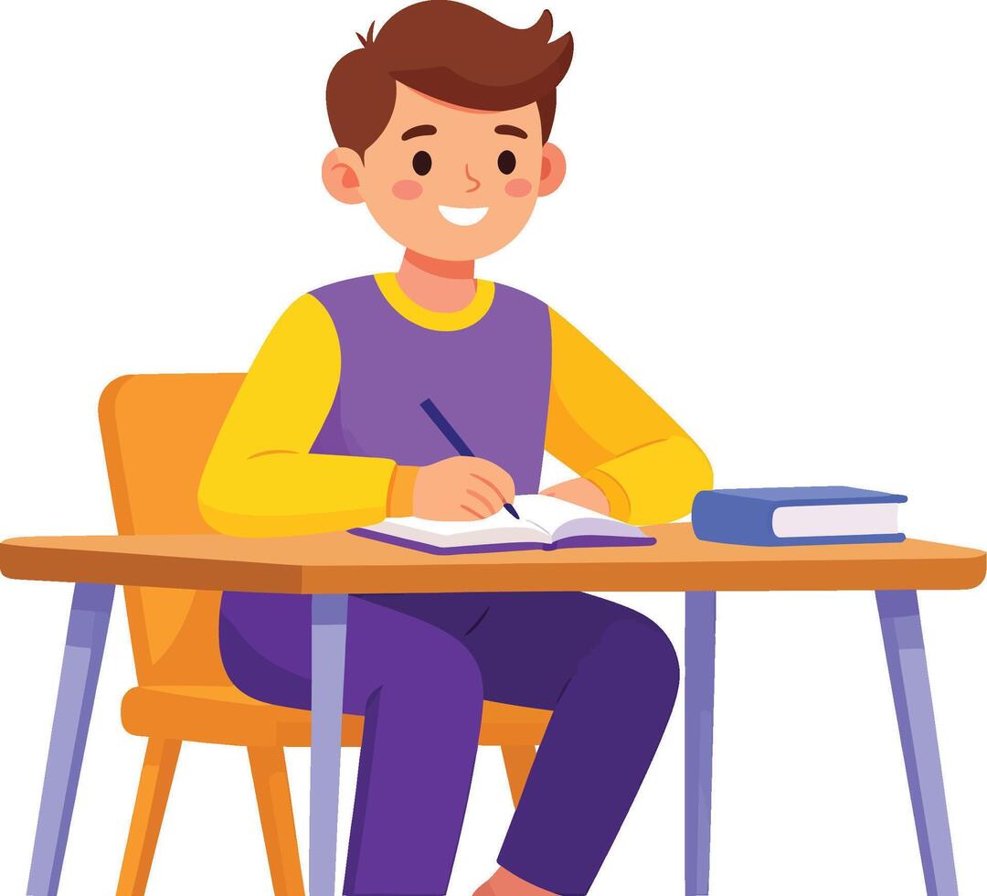 Smiling Schoolboy Studying at Desk. Education, Homework, and Learning modern flat Illustration vector