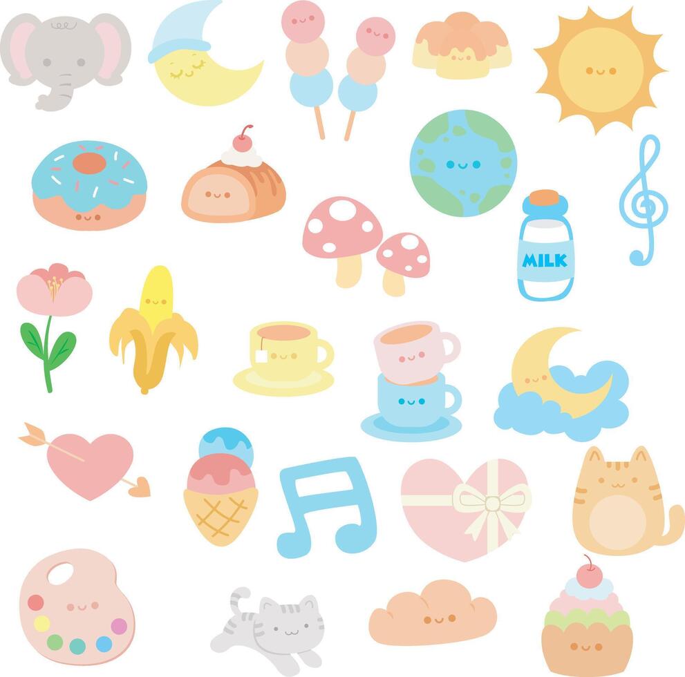 Kawaii character illustrations in pastel colors vector