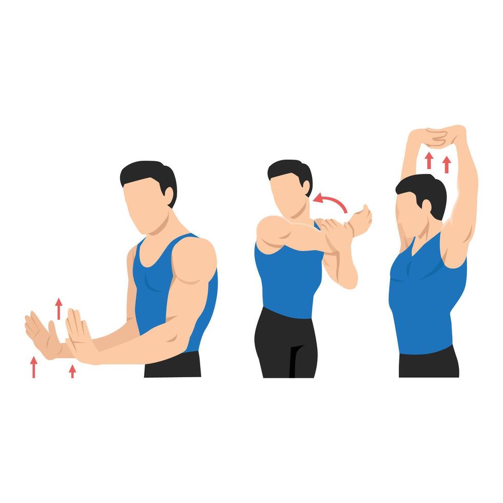 Man doing three key stretches targeting the arms, shoulders, and upper back. vector
