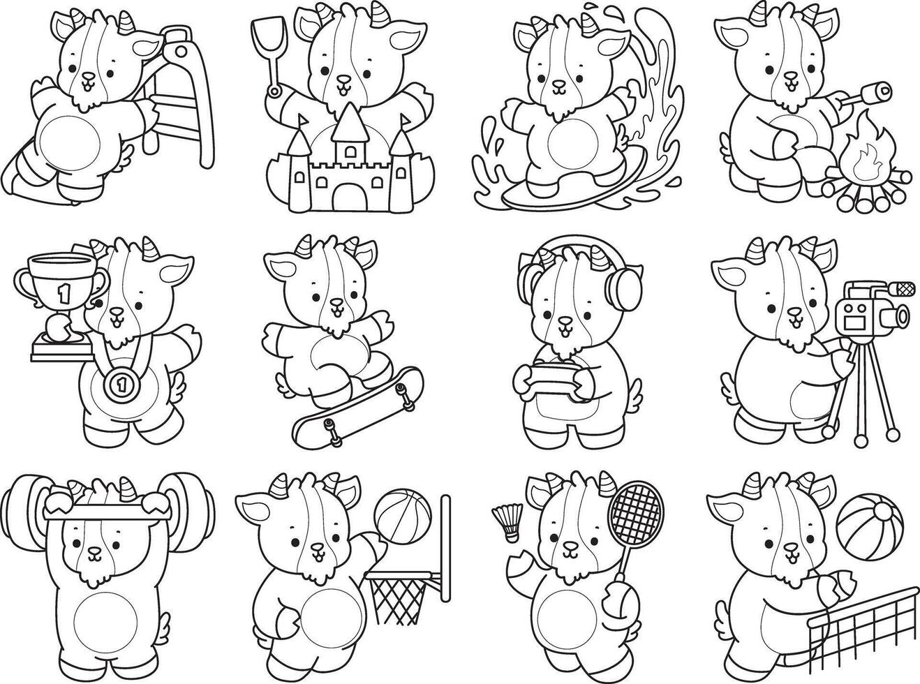 Outline of goat in the variation of sport and workout. Coloring pages of cute goat animal icon stickers. vector