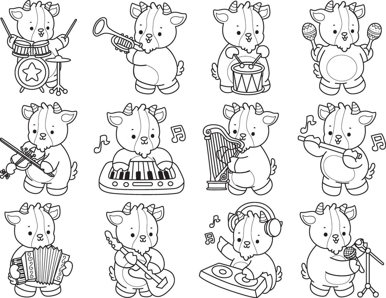 Outline of goat in the variation of music and instrument. Coloring pages of cute goat animal icon stickers. vector