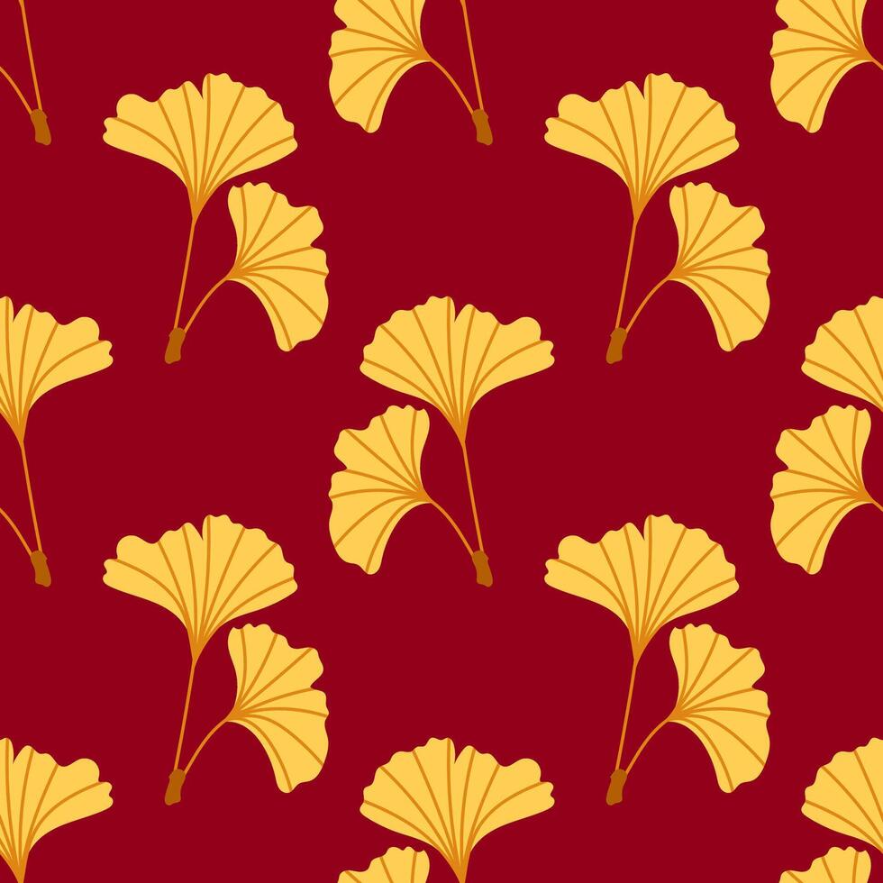 Seamless pattern of yellow ginkgo leaves on a deep red background. For textiles, wallpapers and decorative design projects. vector