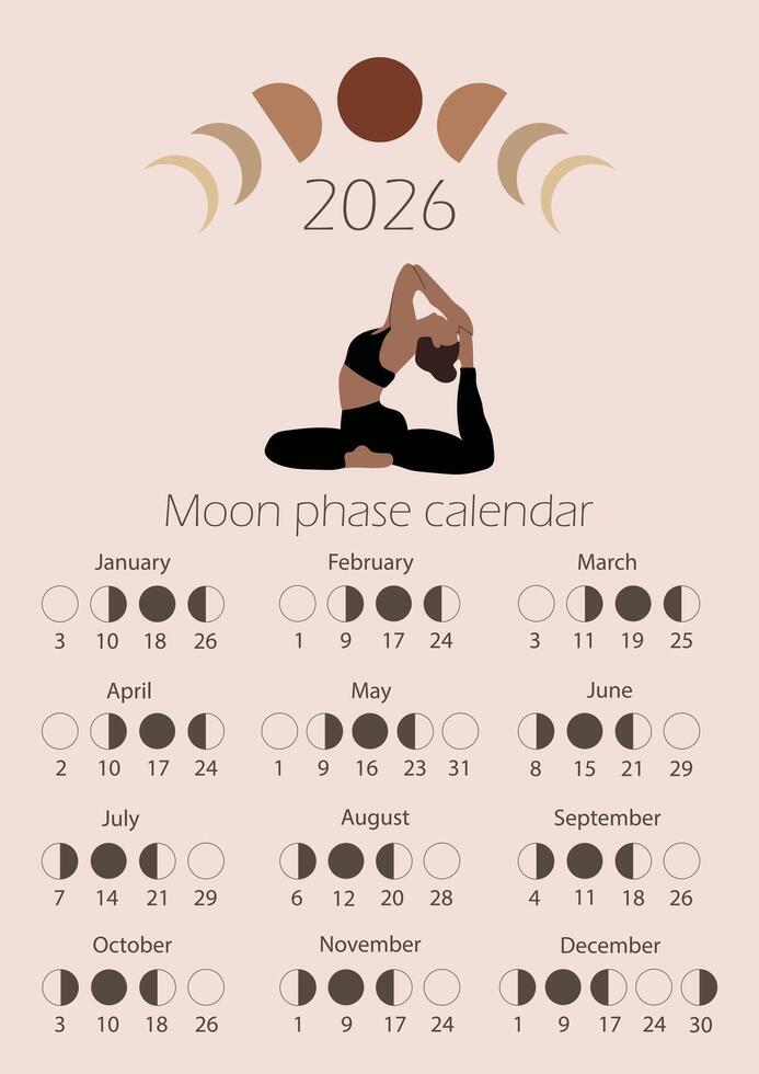 Moon phases calendar 2026 with a girl doing yoga. Waning gibbous, Waxing crescent, New moon, Full moon with dates. vector