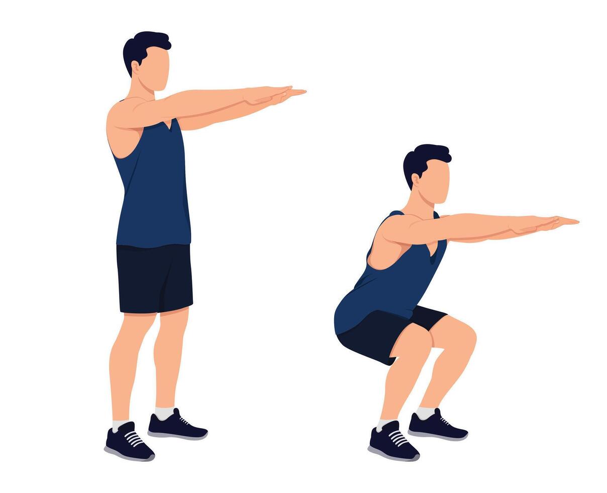 How to make a squat. Workout time muscular man doing squat exercises. Muscular man showing a squat exercise, side view, step by step. vector