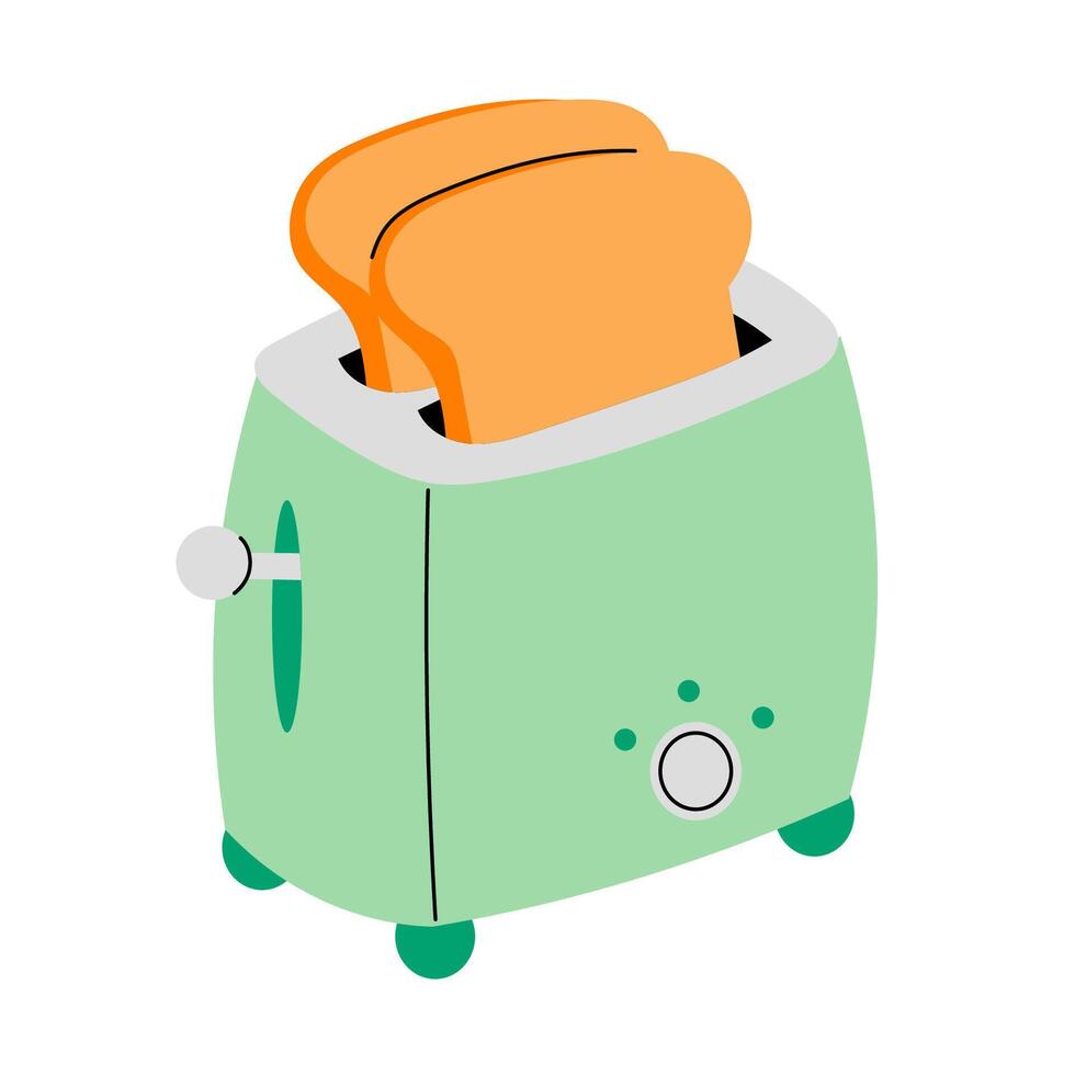 Toaster with a slice of bread popping up, isolated on white background. Toaster with fresh toast. Electrical device. Modern kitchen appliance. vector