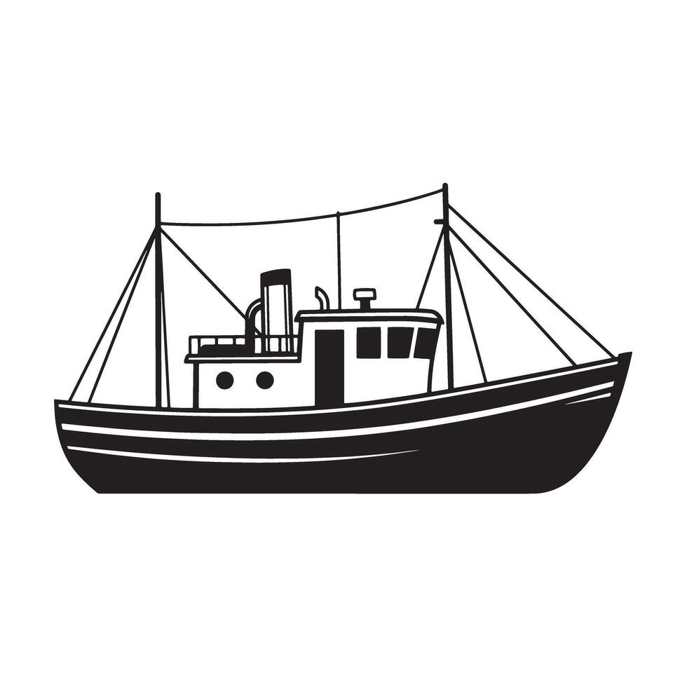 Classic black and white vintage art illustration of a fishing boat isolated on white background vector