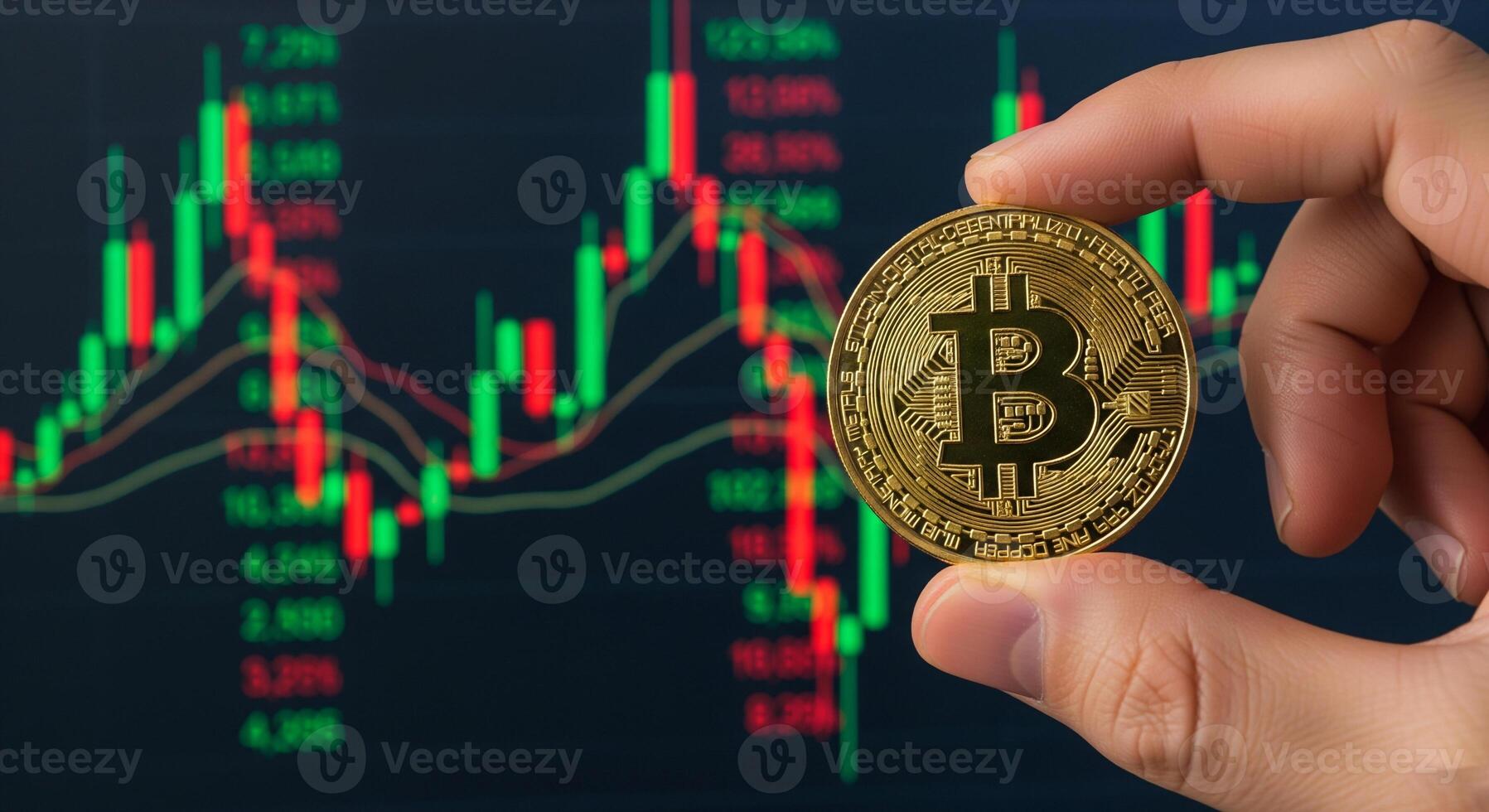 A close-up shot of a hand holding a physical Bitcoin coin in front of a blurred stock market graph with red and green candlesticks. photo