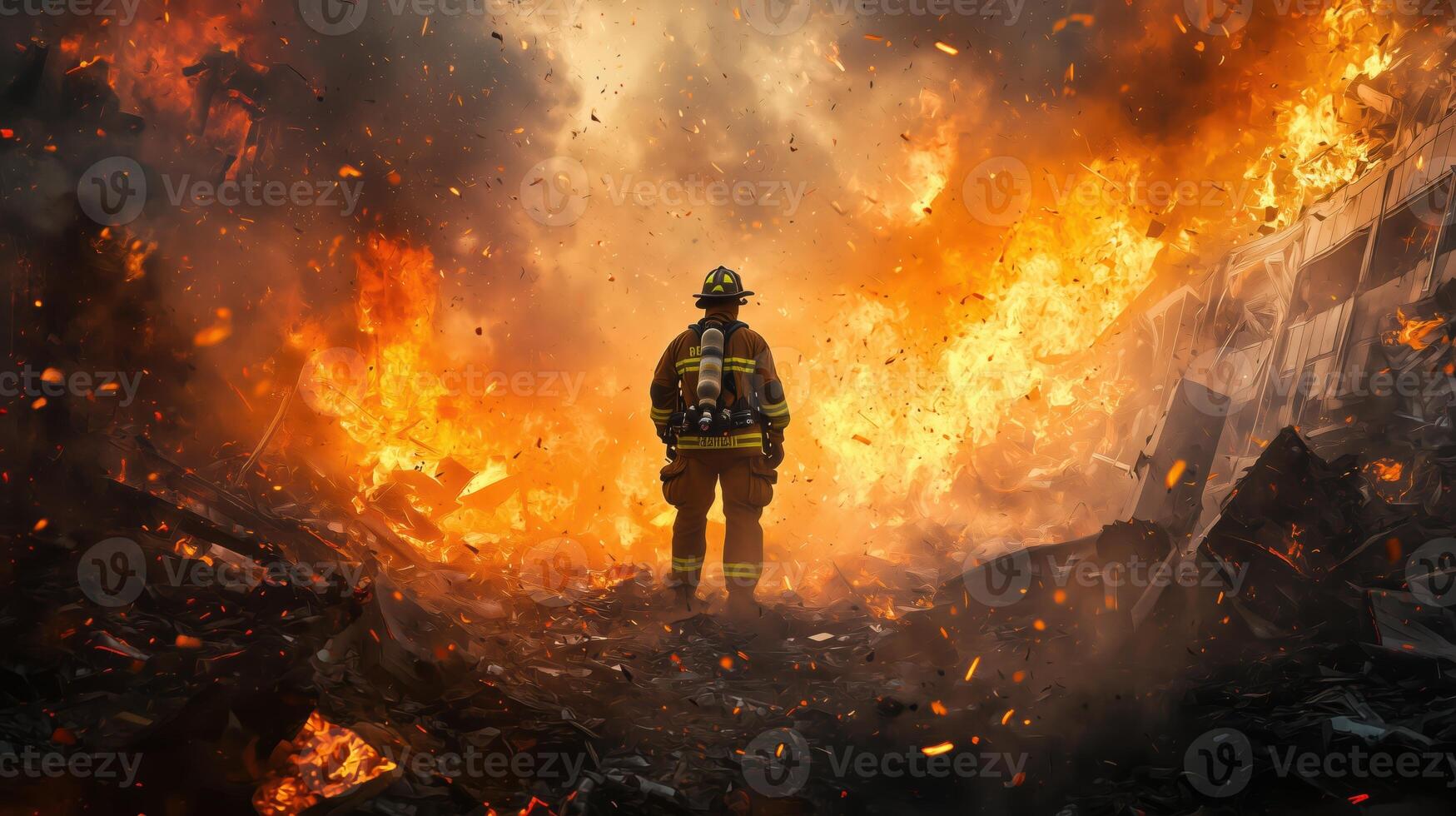 Determined Firefighter Facing Danger in Collapsing Building photo
