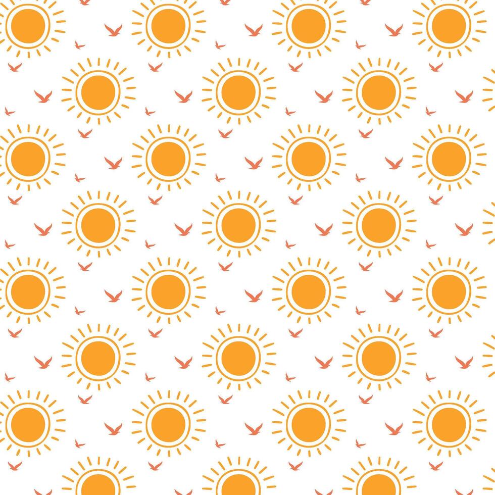 A playful pattern featuring numerous smiling suns and small birds scattered across a clean white background. vector