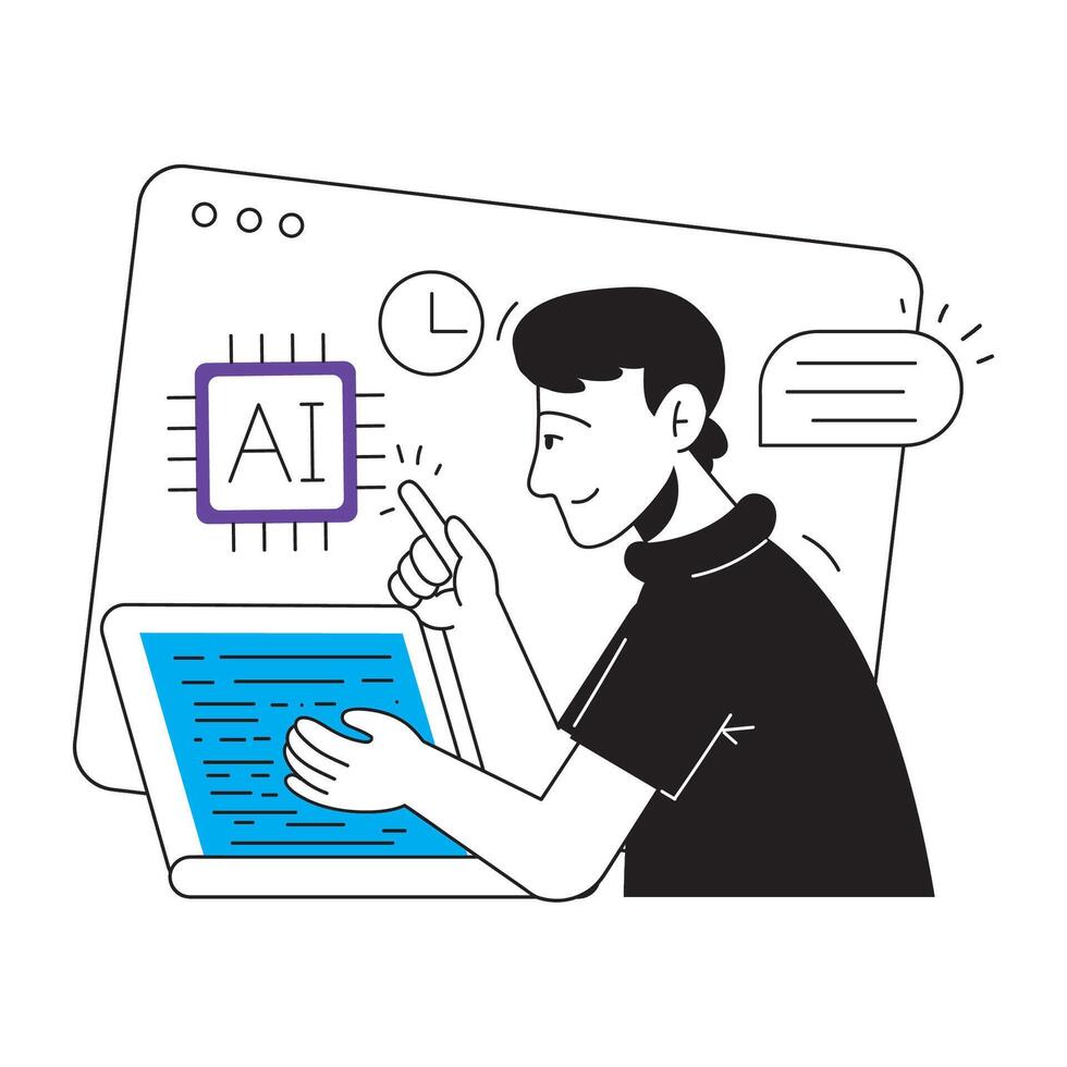 Young Man Interacting with AI on a Digital Tablet vector